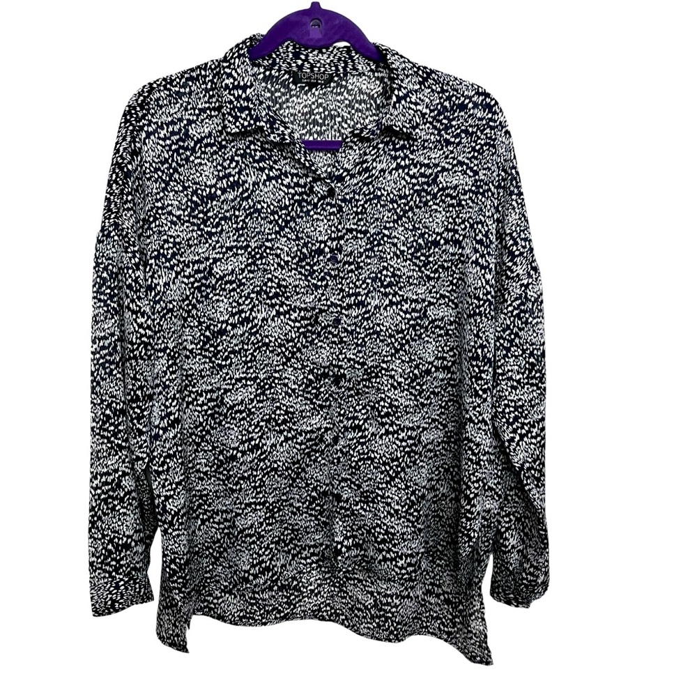 Topshop Printed Blouse Sheer Long Sleeves Button Front Women Size 8 Black White